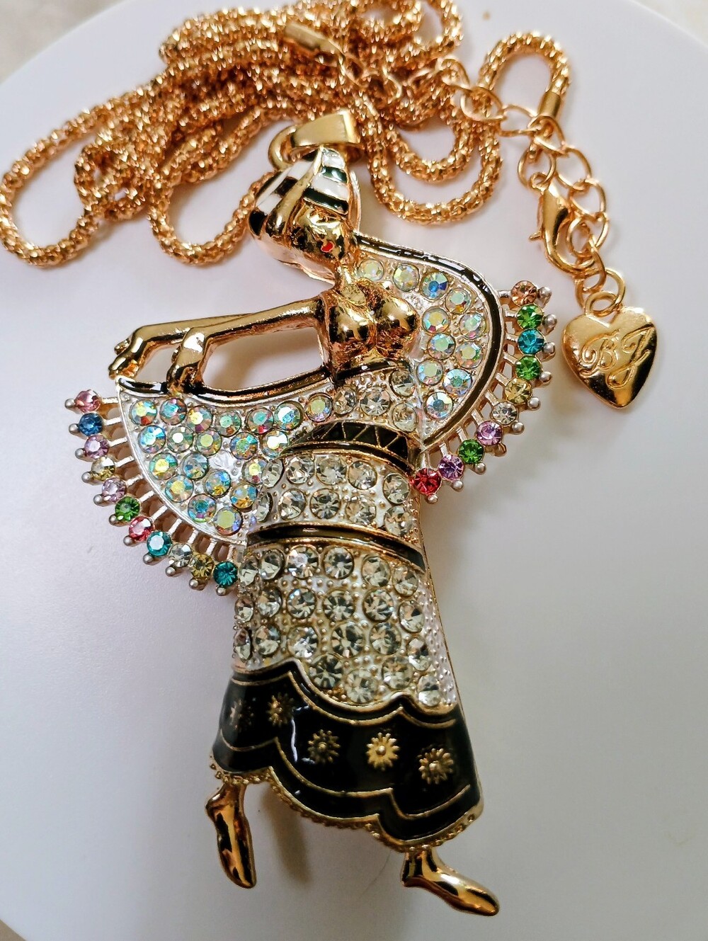 Gold-tone Crystal Dancer Rhinestone Necklace - Multicolor Accents